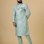 Stunning Sea Foam Banarasi Brocade Achkan for Men | Father-Son Combo | Pastel Sherwani | Grooms & Weddings | Jaipurio